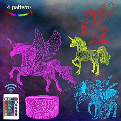 Lampeez Unicorn Gifts, 3D Illusion Lamp for Girls (4 Patterns) with Remote Control