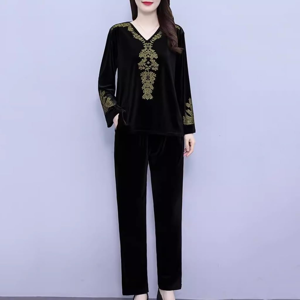 Middle-Aged Elderly Women's Gold Velvet Spring Autumn Loose Flesh-Covering Two-Piece Set(XXXL Code)