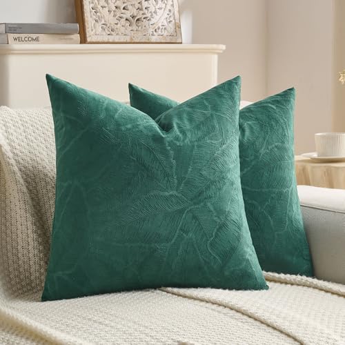 Image of FUTEI Pack of 2 Velvet Throw Pillow Covers 20x20 Inch Soft Embossed Leaf-Relief Textured Decorative Cushion Cases Modern Natural Farmhouse Accent for Couch Bed Living Room, Dark Green
