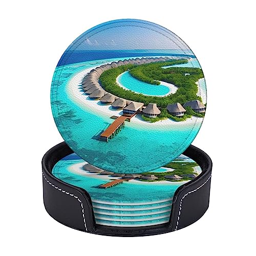 Lot de 6 sous-verres ronds en cuir Motif paysage des Maldives 10 cm