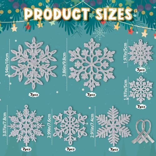 Image of 49pcs Christmas Party Decorations Snowflake Ornaments - Silver Glitter Snowflakes DIY Hanging Ornaments for Winter Christmas Tree Wall Ceiling Window Decor