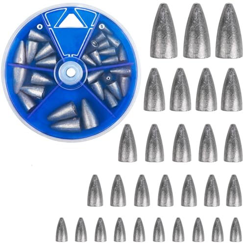 Fishing Weights Bullet Sinkers 29pcs Worm Weights for Bass Fishing Carolina Rig Texas Rig Slip Sinkers Sliding Weights Lead Fishing Weights Sinkers Saltwater Freshwater