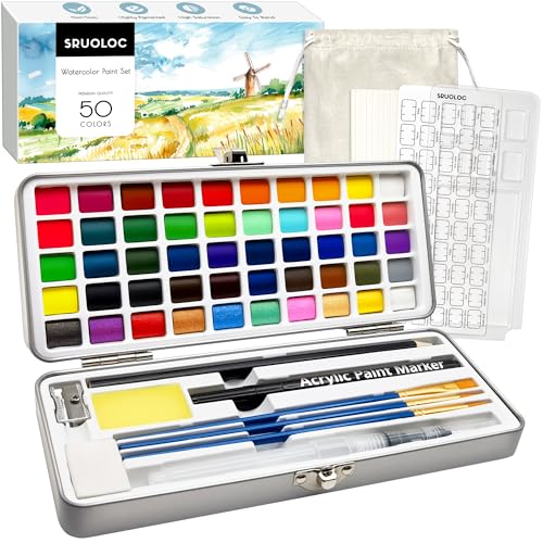 SRUOLOC Watercolor Paint Set 50 Colors, Travel Watercolor Set with Portable Carrying Case, Papers, Brushes and Accessories, I