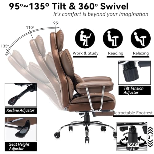 Image of Efomao Big and Tall Office Chair 400lbs - High Back Executive Chair with Swivel Base, PU Leather Upholstery, Lumbar Pillow, Padded Armrests, and Rolling Wheels,Brown Computer Chair