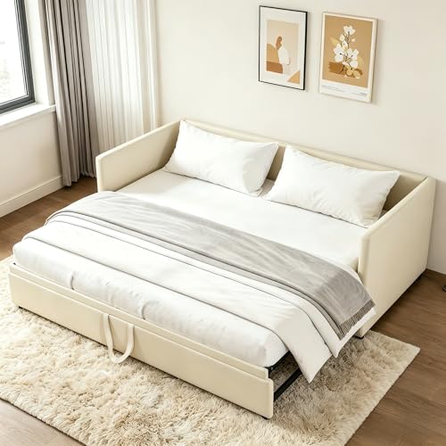 Cama tapizada, sofá cama extensible para 2 personas, cama nido de la misma altura, sofá cama con somieres y respaldo, cama multifunción, tela de terciopelo, sin colchón (beis, 90/180 x 200 cm)