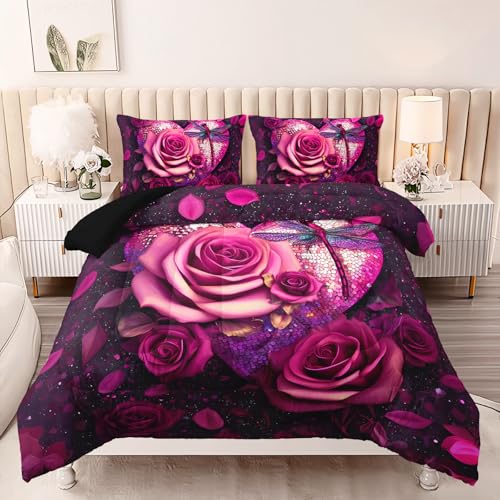 Image of AILONEN Soft Twin Comforter Set, 3-Piece Pink Rose Dragonfly Print Bedding Set,Purple Glitter Heart Flower Comforter with 2 Pillowcases