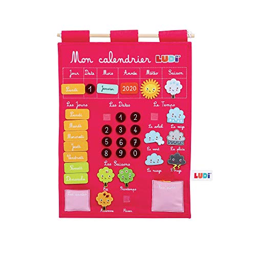 Calendrier éducatif rose pour enfant de 3 ans avec tissu brodé et étiquettes météo