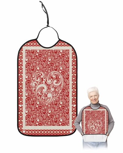 LEOKOTI Red Love Heart Valentines Adult Bibs for Eating, Waterproof Bibs with Food Catcher & Adjustable Snap Closure, Vintage Geometric Art Washable Clothing Protectors Adult Bibs for Elderly