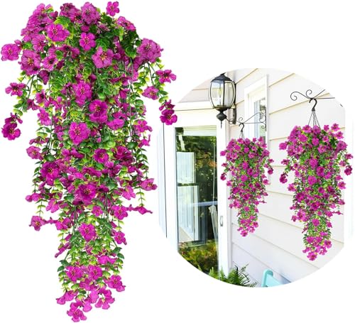 4 Piezas de Flores Artificiales Colgantes Exteriores, 77cm A Los Rayos UV Resistentes Artificiales Plantas para Jardines, Balcones, Patio, Paredes, Inicio Cocina Decoración (Morado)