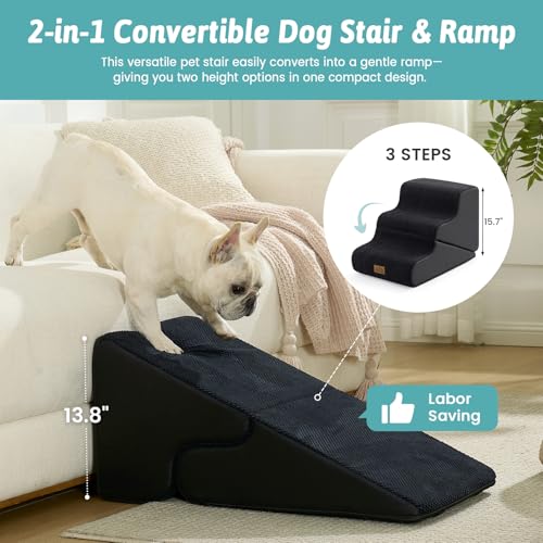 Image of COZY KISS Dog Stairs for Small Dogs, 3-Step 2-in-1 Dog Steps,15.7 inch H | 3-step dog stairs and ramps for Old Cats, Puppy, Small Dogs,Non-Slip Base,for Couch & Bed, Black