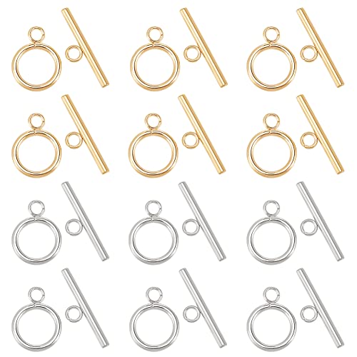 PandaHall 12 Sets 304 Edelstahl Runde Ring Knebelverschlüsse 2 Farben Steckverbinder Endverschlüsse mit T-Verbindungsstücken Metallverschluss für Armband Halskette Schmuck DIY Handwerk Machen