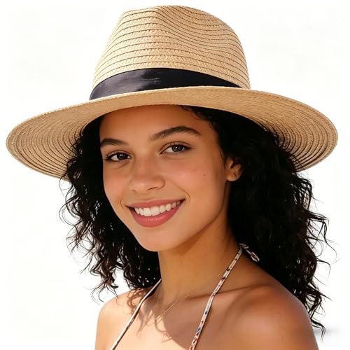 Beach Panama Sun Straw Hats for Women Summer Sun Protection Foldable Packable Wide Brim Hat Panama Fedora
