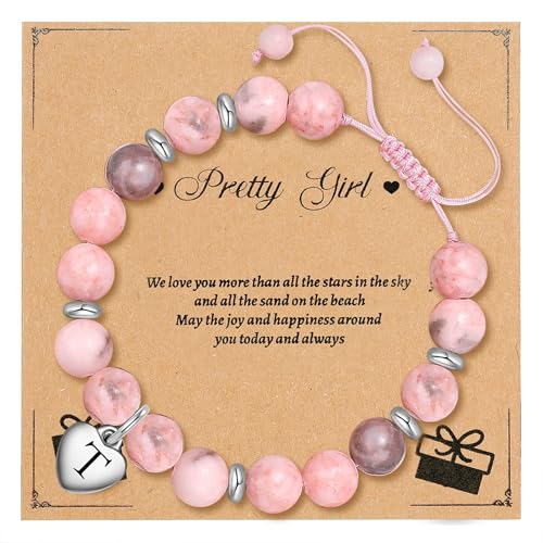 Bracelets for Teen Girls: Initial Natural Stone Bracelet with Blessing Message Card, Christmas Graduation Birthday Gifts for Teen Girls, Sister, Daughter, 3-16 Year Old Birthday Gifts.