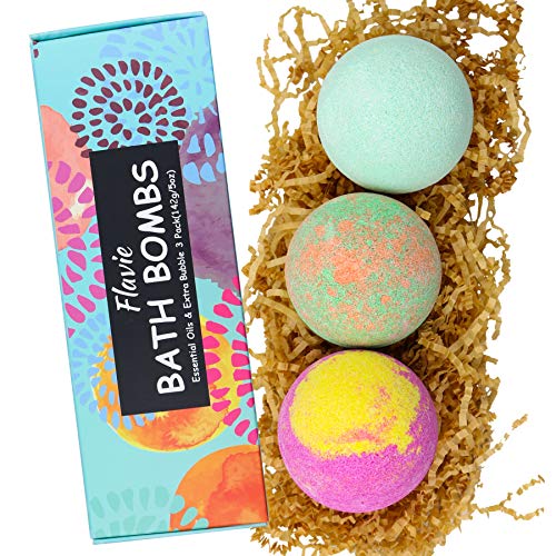 Bath Bombs, Bubble Bath, Organic SPA Gift Set 3 XXL 5 OZ, Bath Salts, Coconut Oil, Flavie, Natural Fizzie Relaxing to Moisturize Dry Skin for Women, Girlfriend