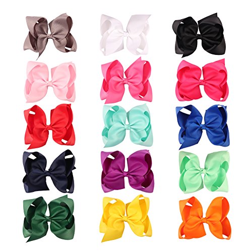 NCMAMA 6" Boutique Ribbon Hair Bows With Clips For Baby Girls Kid Teens Children Pack Of 15
