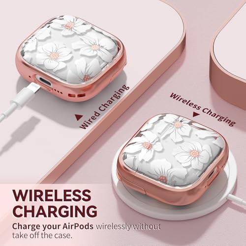 Image of Inesore for AirPods 4 Case Cover 2024 with Lock-White Lily | Two-Piece Design,with Gold Keychain & Cleaning Pen,Support Wireless Charging,Cute Luxury Case for Women Girly