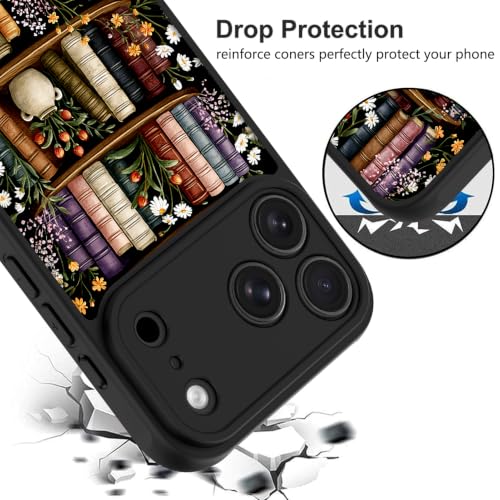 Image of KANGHAR Case for iPhone 17 Pro Max Bookshelf Floral Black | [Compatible with for Magsafe] Cute Vintage Flowers Protective Magnetic Case for Girls Women