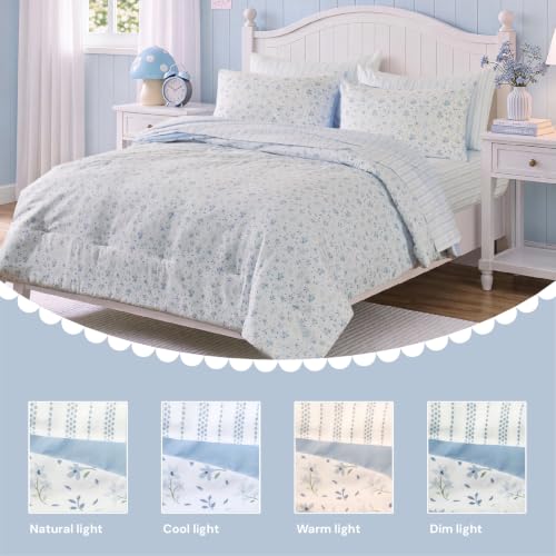 Image of BLOOMHAVEN Full Size Comforter Set for Girls, 7 Pieces Blue Mist Floral Bedding Set, All Seasons Kids Bed in a Bag with Sheets, Pillowcases & Shams