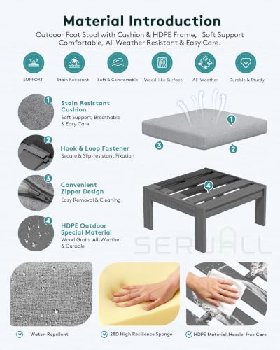 Image of SERWALL HDPE Outdoor Ottoman with Cushions for Outdoo Sofa | Gray Frame & Gray Cushions