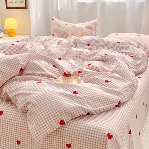 Image of Nayoroom Gingham Duvet Cover King Size Pink Plaid Red Heart Printed on White Bedding Set 3 Pcs Kids Girls Cute Heart-Shaped Comforter Cover with Zipper Closure Soft Breathable Microfiber