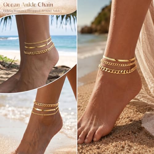 Image of DEARMAY Gold Anklets for Women Waterproof, Non Tarnish14K Gold Plated Ankle Bracelets Set Stack, Summer Beach Jewelry Gifts for Vacation, Bikini Outfits for Women Mom Her