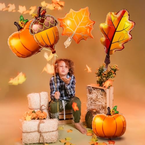 Image of Fall Balloons Thanksgiving Decorations Orange Pumpkin Maple Leaf Pine Cones Mylar Foil Balloon Harvest Autumn Balloons for Happy Thanksgiving Baby Shower Birthday Festival Fall Party Decoration