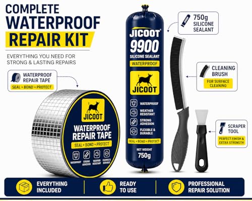 Image of 9900 Waterproof Silicone Sealant & Aluminum Repair Tape Kit, Heavy-Duty Universal Adhesive for Roof, Pipe, Gutter, RV & Outdoor Leak Repair, Strong Weather-Resistant Bond, 750g