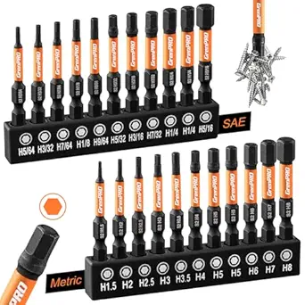 Allen Wrench Drill Bit Set 22pc Hex Bit Set, Impact Driver Bit Set, Screwdriver Bit Set, Allen Wrenches Sets, Allen Socket Set, 2" Long Metric&SAE 1/4" Hex Shank Magnetic Allen Key Drill Bits