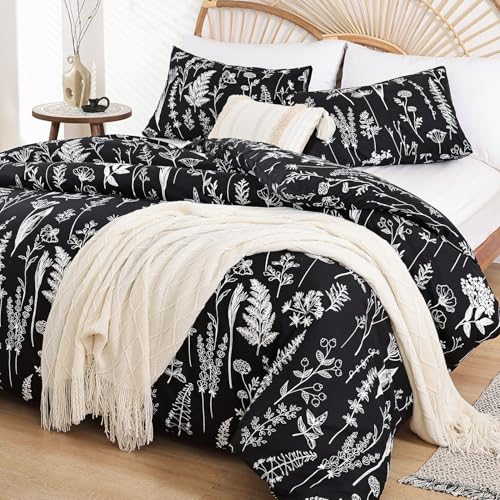 JANZAA Queen Comforter Set Black Comforter Floral Bedding Sets 3 Pieces Flowers Bed Comforter 1 Soft Reversible Cute Botanical with 2 Pillow Shams