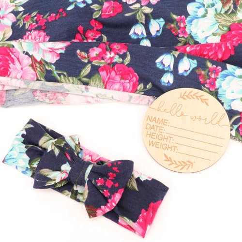 Image of DRESHOW BQUBO Baby Girl Newborn Receiving Blanket with Bow Hat Headband Wooden Birth Announcement Card Set Baby Floral Print Nursery Swaddle Wrap