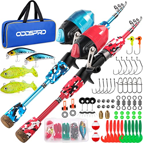 ODDSPRO Caña de pescar para niños, kit de iniciación de pesca para niños, con caja de aparejos, carrete, enchufe de práctica, guía para principiantes y bolsa de viaje para niños, niñas (paquete de 2