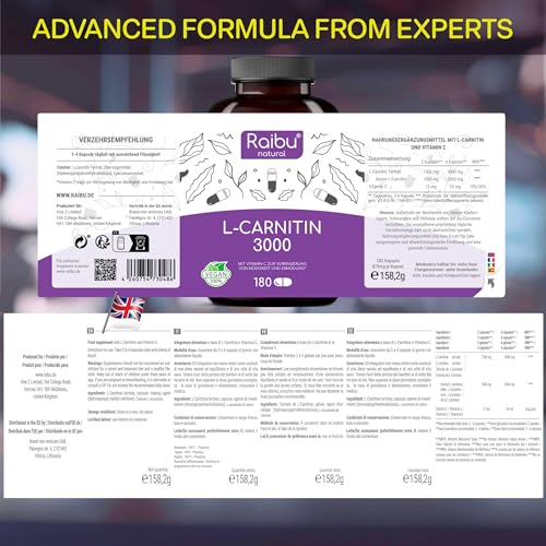 L-Carnitine 3000-180 High-Strength Capsules with Vitamin C - L-Carnitine Tartrate 3000mg per Daily Dose - Energy & Metabolism Support - Vegan, Natural & Laboratory Tested - Raibu - Image 4