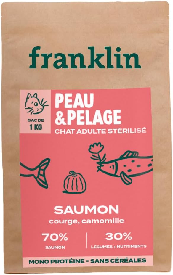 Franklin – Croquettes pour Chat Stérilisé – Gamme Bien-être – avec 70% de Saumon – sans Céréales – Hypoallergénique – Peau et Pelage – Taille 10mm – 1 kg