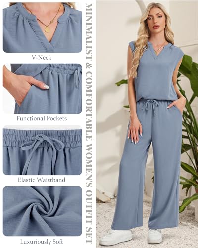 IEEILULU Two Piece Sets for Women V Neck Sleeveless Tank Tops and Wide Leg Pants Sets Vacation Outfits (Blue-Gray, M) - image 2