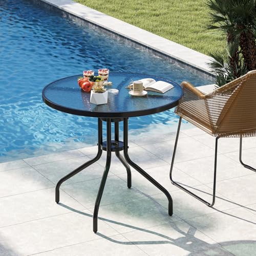 Image of Giantex 31.5 inch Outdoor Bistro Table, Patio Round Dining Table w /Tempered Glass Tabletop & 2 inch Umbrella Hole, Heavy-Duty Metal Frame for Garden Yard Poolside Porch (31.5 inchx31.5 inchx28.5 inch)