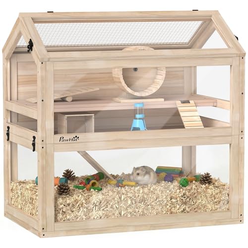 PawHut Wooden Hamster Cage 3-Tier Small Animal Cage with Hut Seesaw Ramps Exercise Wheel Acrylic Panel and Bottom Tray Dwarf Hamster Habitat for Small Gerbil Mice 30 x 18 x 30