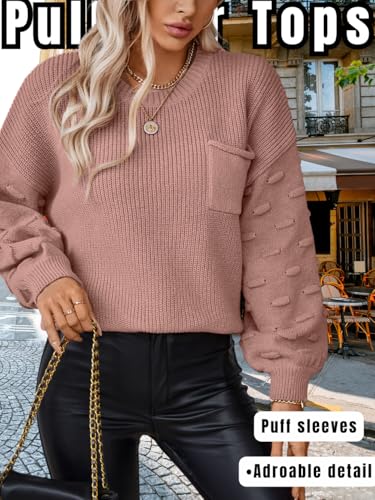Puff Sleeve Sweater,Oversized Ribbed Sweaters for Women Trendy,Casual Fall Family Photo Outfits4