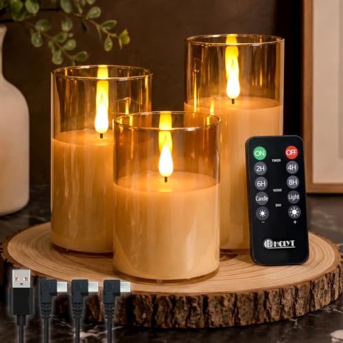 Image of LEDHOLYT Rechargeable Gold Glass Flameless Candles, Flashing LED Pillar Real Wax Candle with Remote Control and Timer, Upgraded Teardrop Wick, LED Electronic Candles, 1 Set of 3