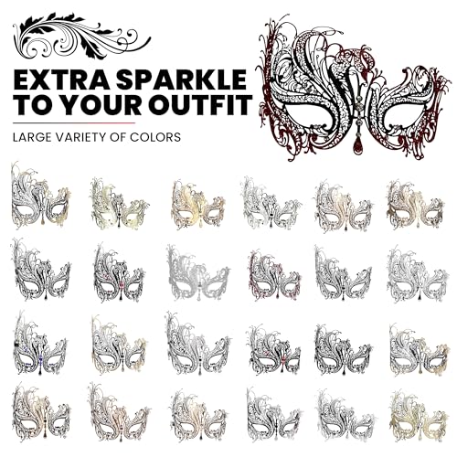 Image of Metal Filigree Masquerade Mask for Women - Swan Style Mask with Rhinestones for Mardi Gras, Prom, Halloween & Venetian Party