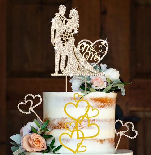 4PCS Wedding Cake Toppers Luxury Gold Bride and Groom Cake Topper Mr and Mrs with Crystal Rhinestones Heart Shape Reusable Metal Marriage Cake Decoration for Wedding,Engagement,Anniversary