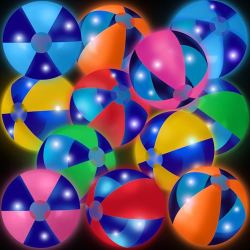 MiniInflat 12 Pcs Light up Beach Balls 16 Jumbo Pool LED Balls Glow in the Dark Neon Giant Inflatable for Summer Hawaiian Tropical Theme Beach Party Decor Water Accessory (Mixed Color)