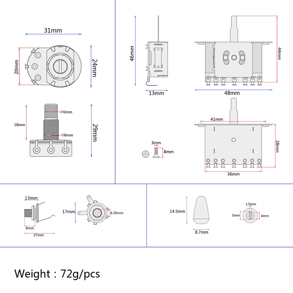 Abaodam 5-way Toggle Guitar Wiring Harness Kit 1 Volume 2 Tone 500k Potentiometer Bass Guitar Wiring Gu101