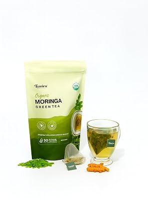 Teaniru, Moringa Green Tea - 30 Count | Pure Moringa Leaves with Turmeric Bit & Green Tea Leaves | Overall Wellness in a Cup - Brew it Hot or Cold