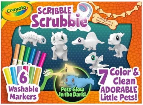 Crayola Scribble Scrubbie Pets Dinosaur Glow Combo Pack, Washable Dinosaur Toys for Kids with Fuzzy Texture, Recolorable, Washable Markers and Scrub Brush, Creative Gift for Girls & Boys, Ages 3+