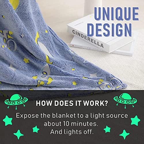 Image of Glow in The Dark Blanket Gifts for Toddler Kids Teen Girls| 80 x 70 inch / 200cm x 180cm |Bedroom Decor, Lightweight Throw Blankets|Soft Cozy Fluffy Luminous Throw Blanket - Blue Rocket