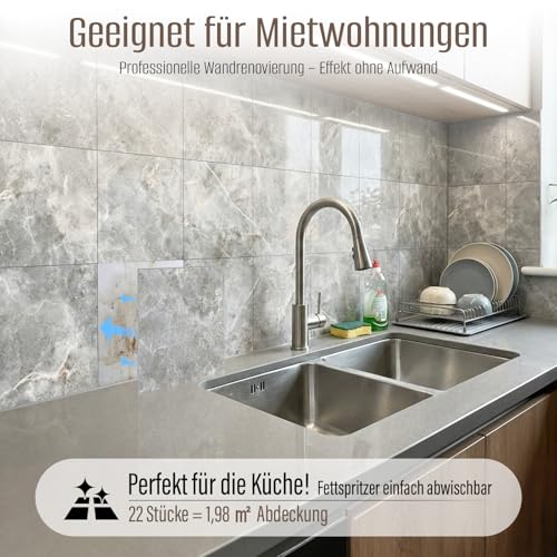 Wandfliesen Selbstklebend, OJTOJT Tile Stickers 22 Stück, Peel and Stick Tiles 30X30CM, Wasserfest & Schmutzabweisend, Schneidbar DIY, 4 Farben, für Badezimmer, Küche, Wohnzimmer (Stein-Grau)
