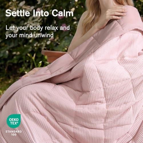 Image of Cooling Weighted Blanket for Adults, 12lbs 48 x 72 for Summer | Cozy and Breathable Waffle; Soft; Machine Washable; Filled with Glass Beads; Heavy Throw for Hot Sleepers in Bed; Pink