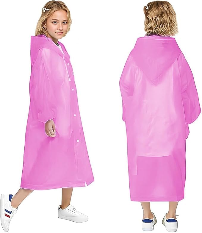 Voarge Chubasquero para niños, Niños Niñas Poncho Ligero Transparente Reutilizable con Capucha, para festivales, poncho de lluvia para bicicleta,senderismo, ciclismo y viajes, Rosa