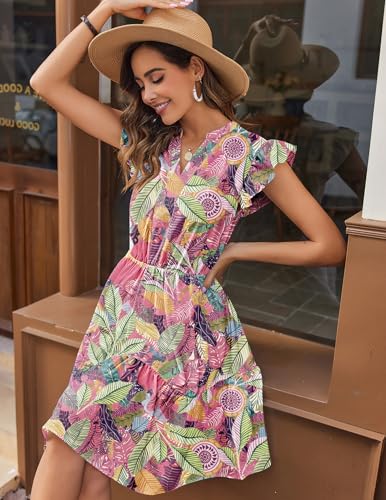Image of HOTOUCH Women Printed Dress for Summer Short Ruffle Sleeve Dress Tiered Mini Dress with Pockets