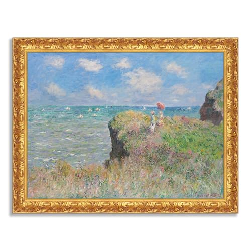 LuxHomeDecor Claude Monet - Scogliere a Pourville - Quadro stampa su tela effetto dipinto con cornice in legno oro classico - 80x60 cm